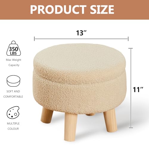 Wimarsbon Storage Ottoman, Modern Round Footrest with Soft Padded Seat, Teddy Velvet Footstool with Wood Legs, Accent Small Table or Plant Stand for Hallway, Living Room (Off-White) - color: Off-white