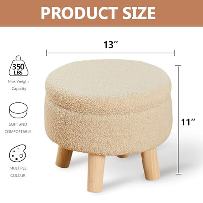 Wimarsbon Storage Ottoman, Modern Round Footrest with Soft Padded Seat, Teddy Velvet Footstool with Wood Legs, Accent Small Table or Plant Stand for Hallway, Living Room (Off-White) - color: Off-white