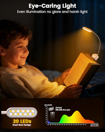 Glocusent 20 LED Reading Lights for Books in Bed, Eye Caring Reading Light, 5 Colors & 5 Brightness 3–100LM Dimmable, 1200mAh Rechargeable Book Light to 90H, Lightweight Clip on Light for Book Lovers - color: Pink