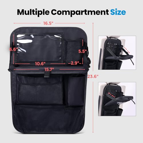 Tsumbay Backseat Car Organizer with Foldable Tray, 9 Pockets, Kick Mat Seat Protector, 18KG Capacity, Waterproof Oxford Fabric for Kids, Family Travel - for Car, SUV, Van (Oxford-2Pck)
