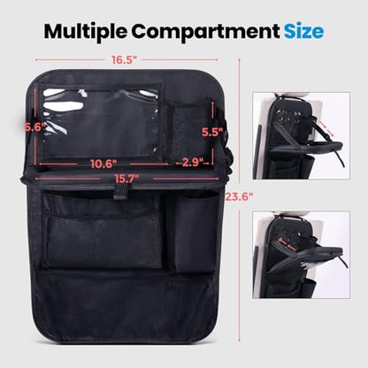 Tsumbay Backseat Car Organizer with Foldable Tray, 9 Pockets, Kick Mat Seat Protector, 18KG Capacity, Waterproof Oxford Fabric for Kids, Family Travel - for Car, SUV, Van (Oxford-2Pck)