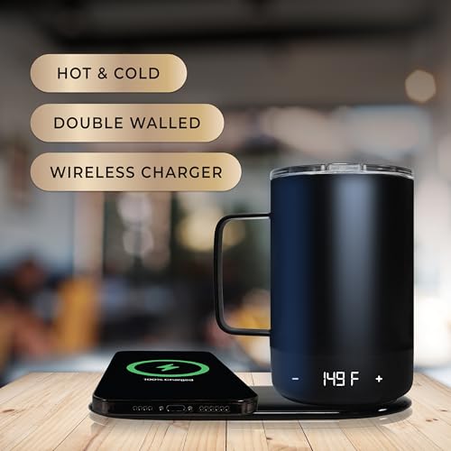 Brookstone Smart Self Heating Travel Mug & Wireless Phone Charging Station - 11 oz Temperature Control Heated Coffee Tumbler | 6Hr Battery for Continuous Warmth | Double-Wall Stainless Steel - Black - color: Black Mug