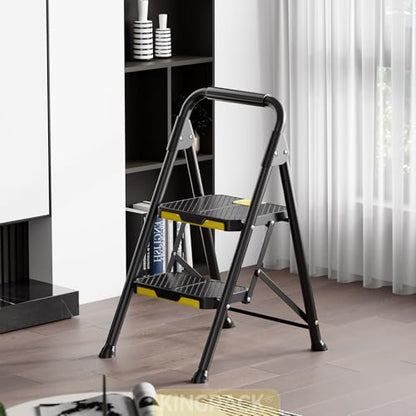 KINGRACK 2 Step Ladder, Sturdy Steel Step Stool with Safe-Lock Design, Handrail, Anti-Slip Wide Pedals, Pass 800lbs Load Testing, Folding Portable Ladder for Multi-Purpose, Home, Kitchen, Black - size: 2-Step