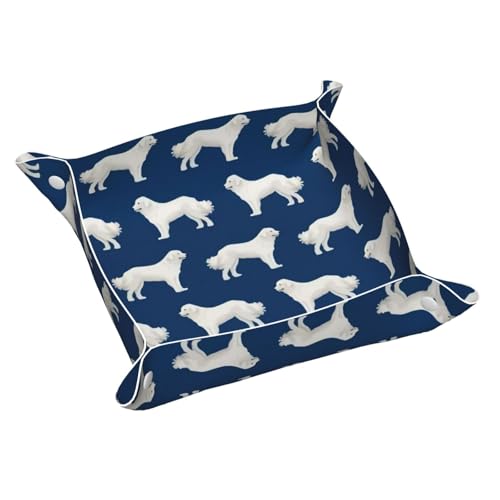 Great Pyrenees cute Dogs Leather Vanity Tray Desktop Storage Organizer, Decorative Catchall Perfume Tray, Bathroom Valet Tray,Nightstand Caddy Holder for Keys Phone Wallet Coin Jewelry, S - color: Great Pyrenees Cute Dogs, size: 7.9" x 7.9" x 0.2"