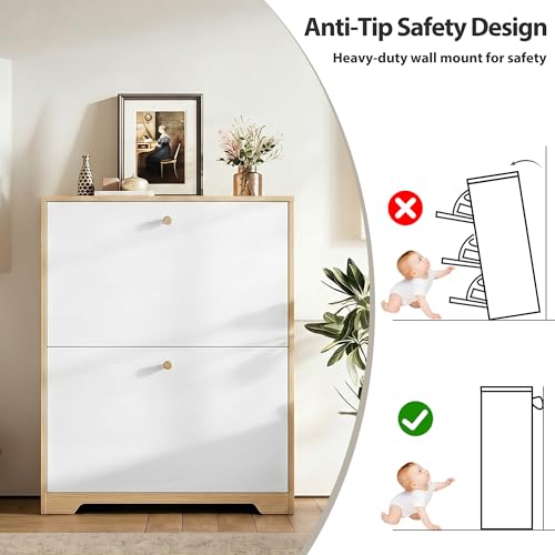 Nicetree Shoe Cabinet with 2 Flip Drawers, Narrow Shoe Organizer Cabinet, Freestanding Shoe Rack Cabinet, Modern Shoe Storage Cabinet for Entryway, Hallway, Foyer, Natural Oak and White with Hook - color: Natural Oak and White, style: 2-Drawers with Hook