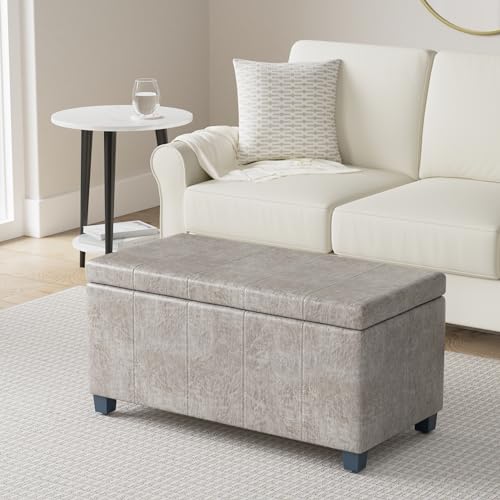 SIMPLIHOME Dover Storage Ottoman Bench - 36 inch Wide Upholstered Vegan Leather Rectangular Lift-Top Ottoman in Distressed Grey Taupe, Contemporary Bench for Living Room with Safety Hinges - color: Distressed Grey Taupe