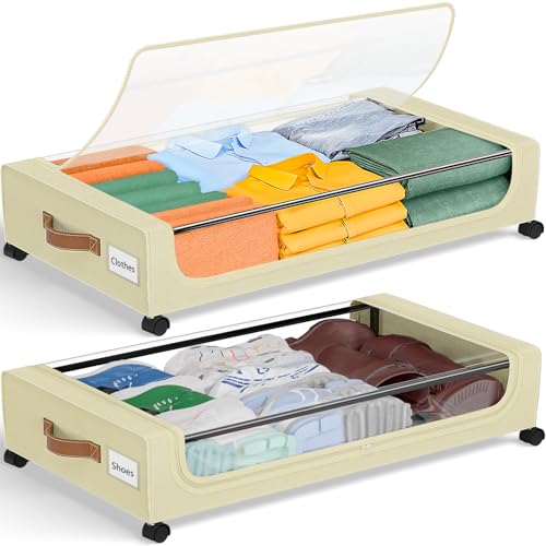 GoMaihe Under Bed Storage with Wheels: 48L Underbed Storage Containers with Lids - Rolling Bins for Shoes Clothes in Dorm Bedroom - Metal Drawers Easy Pull-out Beige 2-Pack - color: Beige, size: Large(2Pack)