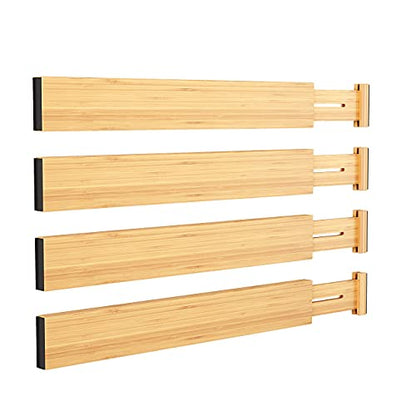 BAMEOS Bamboo Expandable Drawer Dividers – Fits 13.3"–19" Drawers, 2" High, Set of 4 | Spring-Loaded Bamboo Separator for Kitchen Island, Bathroom Vanity & Dresser Drawers - size: 2''H, 13.3''-19''L