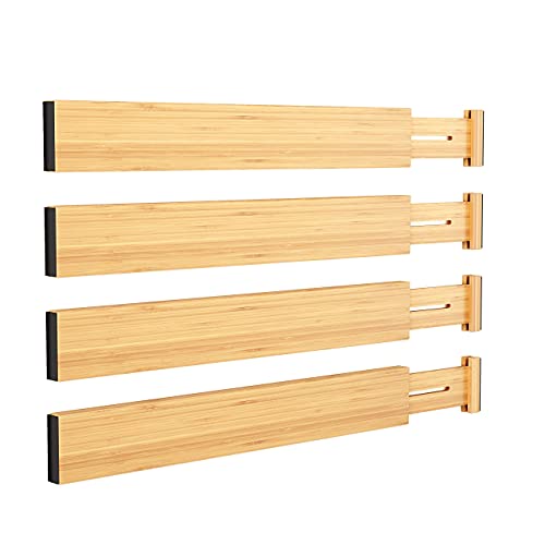 BAMEOS Bamboo Expandable Drawer Dividers – Fits 13.3"–19" Drawers, 2" High, Set of 4 | Spring-Loaded Bamboo Separator for Kitchen Island, Bathroom Vanity & Dresser Drawers - size: 2''H, 13.3''-19''L