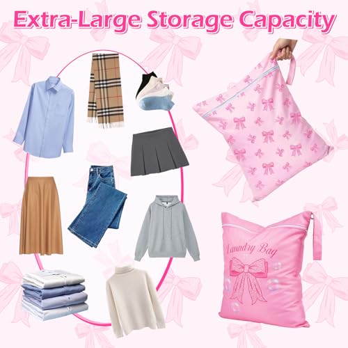 2 Pcs Large Travel Laundry Bags Waterproof Wet Dry Bag, Washable Dirty Clothes Bags for Travel，Drawstring, Bathing Suit, Workout, Gym Clothes Laundry, Swimming Pool & College Dorm, Pink Bow - color: Pink Bow