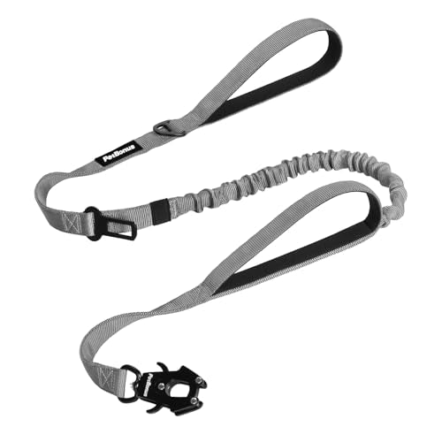 PetBonus Heavy Duty Tactical Dog Leash, 5 FT Bungee Shock Absorption Leash with 2 Padded Handles, Quick Release Metal Clip, Car Seatbelt, No Pull Training Lead for Large Medium Dogs（Grey） - color: Grey