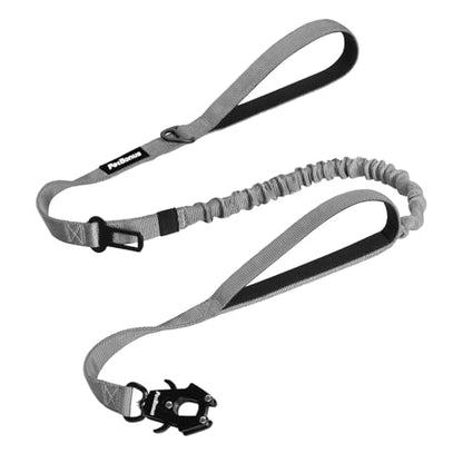 PetBonus Heavy Duty Tactical Dog Leash, 5 FT Bungee Shock Absorption Leash with 2 Padded Handles, Quick Release Metal Clip, Car Seatbelt, No Pull Training Lead for Large Medium Dogs（Grey） - color: Grey