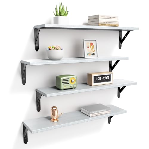 ROMGUAR CRAFT Wood Floating Shelves Set of 4, Rustic Storage Decor Wall Shelves, Wall Mounted Shelf for Living Room, Bedroom 23.6" x 6", Light Grey - color: Light Grey, size: 23.6" x 6"