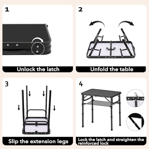 YihuiKo Small Folding Camping Table with Storage Net, 3 Adjustable Heights Foldable Table Lightweight & Portable with Carry Handle for Outdoor Indoor, Pure Black - size: 16"D x 24"W x 27.5"H, style: Pure Black