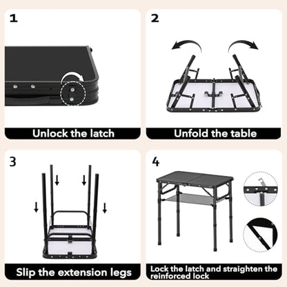 YihuiKo Small Folding Camping Table with Storage Net, 3 Adjustable Heights Foldable Table Lightweight & Portable with Carry Handle for Outdoor Indoor, Pure Black - size: 16"D x 24"W x 27.5"H, style: Pure Black