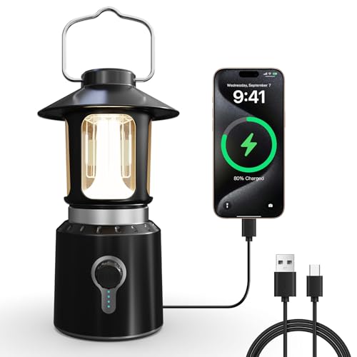 Rechargeable Camping Lantern, 8000mAh Telescopic Camping Light - 3 Light Modes, Adjustable Brightness & Height, Up to 80hrs Lasting - Vintage Lantern for Camping & Hiking (Black) - color: Black