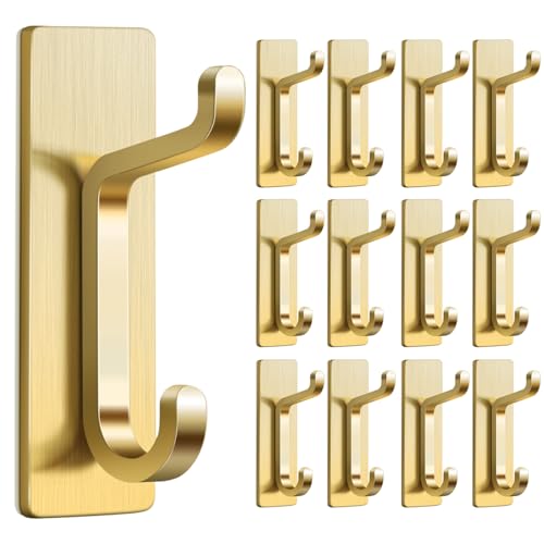 Self Adhesive Wall Hooks for Hanging: Extra Strong 13 LB, Hook for Coat, Towel in Bathrooms, Shower, Kitchen, Wall, Door Hook, Gold 12 Pack - color: Gold, size: 12 Pack