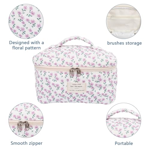 Gosect Large Makeup Bag, Cute Cosmetic Bag for Women Girls, Floral Coquette Aesthetic Toiletry Bag, Travel Make Up Organizer Bag (Purple Flower) - color: 025Purple Flower