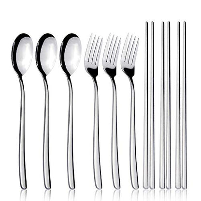 IQCWOOD Spoons and Forks Flatware Set, 3 Pairs Chopsticks Forks and Spoons Silverware Korean Utensil Set, Stainless Steel Korean Dinnerware Portable Utensils for Home