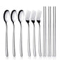 IQCWOOD Spoons and Forks Flatware Set, 3 Pairs Chopsticks Forks and Spoons Silverware Korean Utensil Set, Stainless Steel Korean Dinnerware Portable Utensils for Home