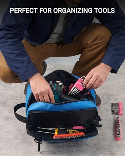 2 Pack Small Tool Bags Zipper Pouch for Organizing, with Adjustable Shoulder Strap & Carabiner, Utility Small Tool Pouch with Multi Pocket Compartments and Label Area (12" & 10") - color: Blue 2 Pack