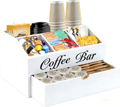 Coffee Bar Organizer for Countertop, 2-Tier Wooden Coffee Station Accessories Holder with Dust-Proof Drawer, 5 Storage Compartments for Syrups, Pods, Tea Bags and Cups, White - color: White