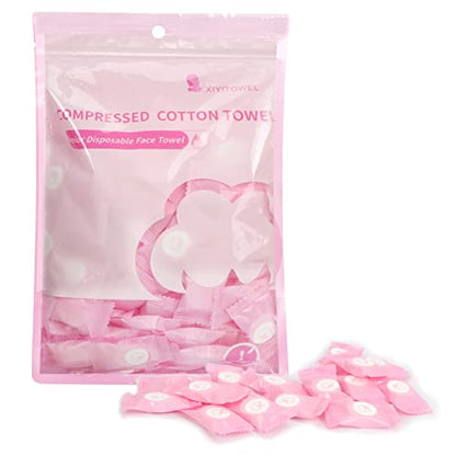 Classycoo Compressed Towel 100 PCS Mini Tablets Disposable Portable Face Towel Cotton Coin Tissue Eco-Friendly for Travel, Camping, Hiking, Sport, Beauty, Home Hand Cloths, Outdoor Activities Pink - size: 1 Count (Pack of 100), style: Large (Pink)