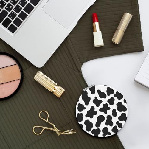 Animal Cow White Black Spot Print Foldable Travel Pocket Mirror Round PU Leather Portable Mini Makeup Double Sided Handheld Magnifying,2.6 in - color: Animal Cow Print White Black Spot