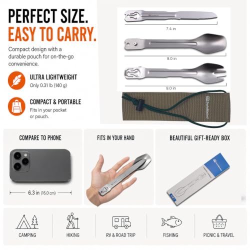 Camping Cooking Utensils with Built-in Tongs, 4-in-1 Camping Utensil Set, Spoon, Fork & Knife in One, Compact Stainless Steel Flatware for Camping, Backpacking, Hiking, Picnic, RV & Travel (1-Pack)