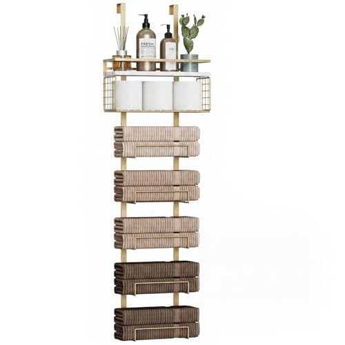 Aetyord Towel Racks for Bathroom Over The Door Towel Racks Towel Storage Organizer with Metal Shelf Basket for Bathroom Rv Camper (7-Tier Gold) - color: Gold, size: 7tier