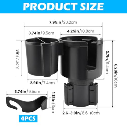 1 Pack Car Cup Holder Expander 2 in 1 Adapter with Expandable Base, Car-Seat Headrest Hook 4 Pack Hanger Storage Organizer fit Universal Vehicle Car Mugs in 2.2"-4.2" (10-48oz)