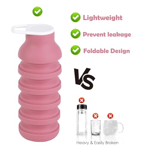 Collapsible Silicone Water Bottle - 20oz Foldable, Leakproof, BPA-Free - for Gym, Travel & Daily Use (Pink) - color: Pink