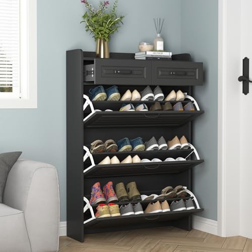 Vibe & Dine Narrow Shoe Organizer Cabinet with 3 Large Flip Drawers & 2 Storage Drawers - Slim Shoe Storage for Entryway, Hallway, Bedroom, Black - color: Black, size: Large