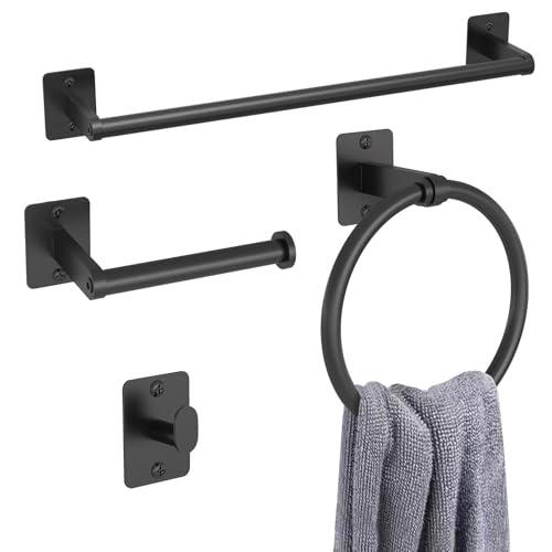 KLJKPA Matte Black Bathroom Accessories Set, 4 Pieces Bathroom Hardware Set, 16 inch Towel Bar, Towel Racks for Bathroom, Robe Towel Hooks, Toilet Paper Holder Wall Mounted - color: Black (4 Piece), size: 16 inch
