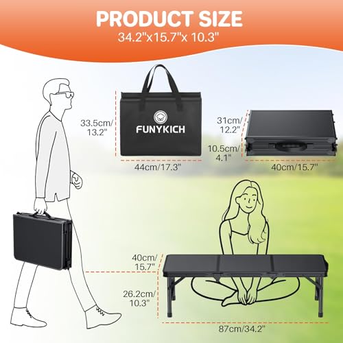 FUNYKICH 3ft Low Folding Camping Table with Carry Bag, 34.2'' Lx15.7'' W Portable Picnic Tables, Lightweight Thicker Aluminum Beach Table with Carry Handle for Beach, Camping, Picnic, Black - color: Black