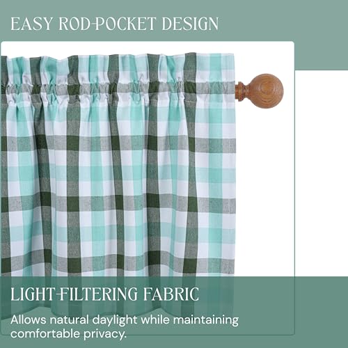 Gingham Valance Curtains, 2 Pack, 54x18 Inches, 100% Cotton Farmhouse Window Valances, Rod Pocket Curtain for Kitchen, Bedroom, Bathroom, Living Room, Mint Green - Aqua Green - White - color: Multi Green - Gingham, size: 18"W x 54"L (Pack of 2)