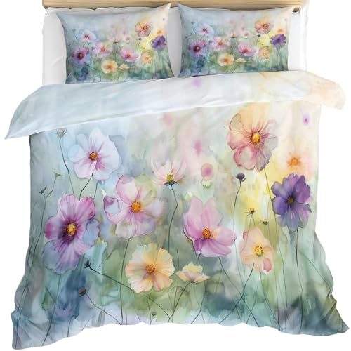 Floral Comforter Set California King, Watercolor Flower Bedding Set 3 Piece, Country Wildflowers Comforter Cover with Zipper & Ties, 2 Pillowcases - color: Country Flower, size: California King 104" x 98"