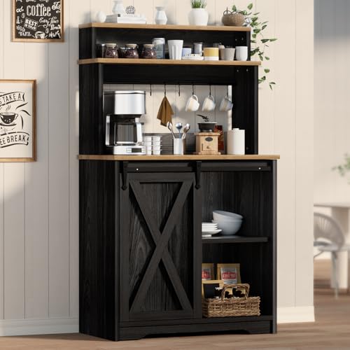 BestHaped Farmhouse Coffee Bar with 3 Tier Storage Hutch, 56 Inch Small Bar Station with 6 Hooks, Corner Table with Adjustable Shelves for Living Dining Room Black - color: Black, size: 31 Inch