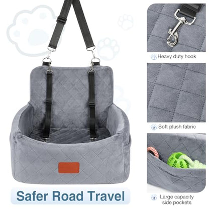 WOOAIDAGG Dog Car Seat for Small Dogs Under 30lbs,Comfy & Safe Travel Bed with Washable Cover,2 Clip-On Safety Leashes and Pockets,Anti-Slip Base,Easy to Install(Grey) - color: Grey