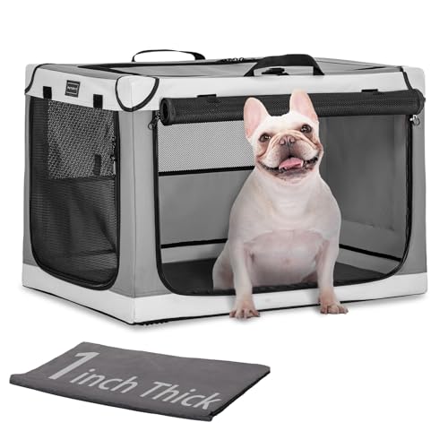 PETSFIT Portable Dog Crate for Small Dogs, – 24" Soft Dog Travel Crates with Lockable Zippers & Thicken Mat, Adjustable Patented Spiral Steel Frame, Collapsible Kennel for Indoor & Outdoor - color: Light Gray(With Mat), size: 24.0"L x 18.0"W x 17.0"H