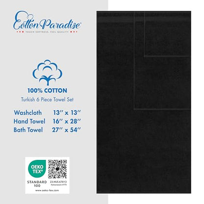 Cotton Paradise 100% Cotton Turkish Towel Set, Soft Absorbent Quick Dry, 6 Piece Towel Set, Coal Black - color: Coal Black