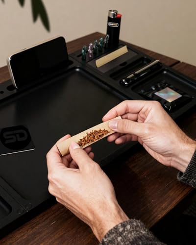 Large Wooden Rolling Tray Set with Airtight Tube & Cleaning Brush, Smooth-Finish Wood Tray for Easy Use, Travel-Friendly Storage Organizer, Great Holiday Gift (Large Black Combo) - color: Large Black Combo