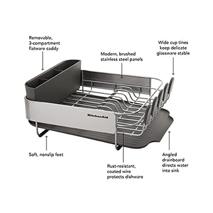 KitchenAid Compact, Space Saving Rust Resistant Dish Rack, with Angled Self Draining Drain Board and Removable Flatware Caddy, 16.06-Inch, Gray