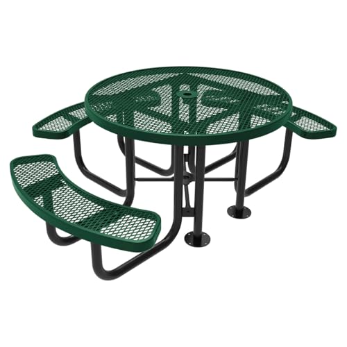COATEDOUTDOORFURNITURE Heavy-Duty Portable Outdoor Picnic Table with Umbrella Hole, Expanded Metal Patio Dining Furniture Made in America (46" Round Top, Textured Green) - color: Textured Green, size: 46 In, Round 3-Seat, Expanded Steel