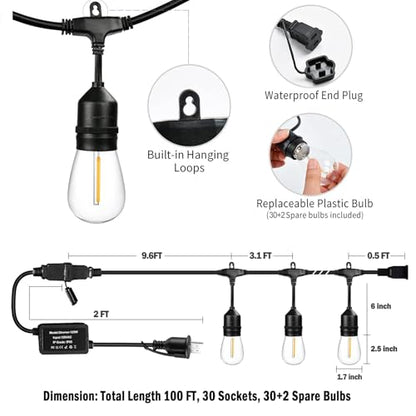 100FT String Lights for Outside with 30+2 Bulbs, Remote & Dimmer, Patio String Lights with 3 Light Modes & Timer, IP65 Waterproof,2200K Outdoor Lights for Patio Backyard Gazebo Pergola Café - size: 100ft