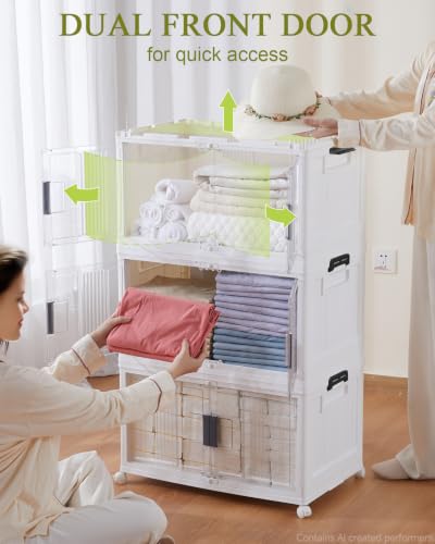 OlarHike 76QT Lockable Storage Bins with Lids - Folding Storage box with Doors & Wheels, Stackable Organizers, Collapsible Plastic Bins for Home, Closets, Office, Dorm, School, Gifts, 3 Pack Cubes - size: 76QT-White, style: 3Pack