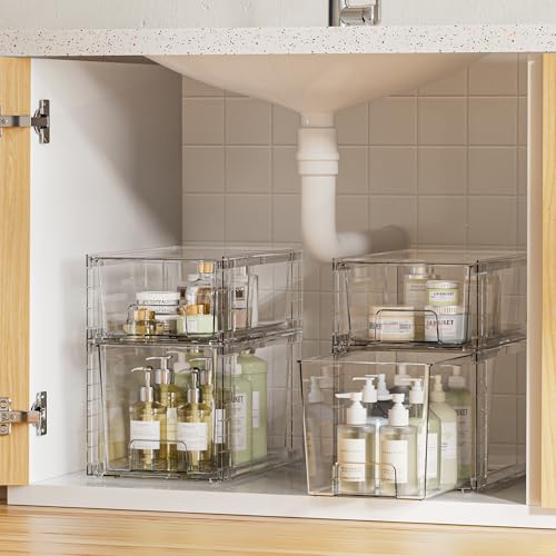 Vtopmart 8 Pack Clear Stackable Cabinet Organizers with Pull-Out Drawers, Clear Storage Drawers, 6 Medium and 2 Small for Under Sink, Pantry, Bathroom, Closet and Kitchen Storage - style: 6 Medium+2 Small