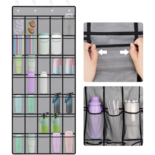 NiHome Multi-Functional 35 Pockets Door Hanging Organizer Fit for Stanley Tumbler in Kitchen, Pantry, Bathroom, Large Capacity Elastic Mesh Secure Storage Water Bottle Cup Holder, Foldable (Gray) - color: Gray, size: 67'' x 27.6''