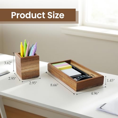 Wooden Pencil Holder with Desk Drawer Organizer Tray, Silicone Anti-Slip Pen Holder Set Aesthetic Desk Accessories for Office Home Supplies