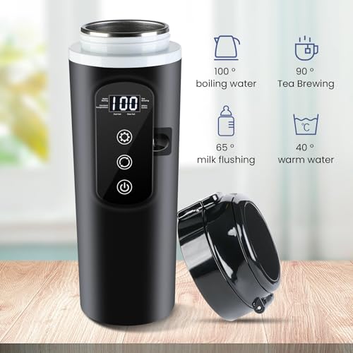 DC 12V/24V Car Travel Electric Kettle, 400ml Car Heating Mug with Anti-Spill Lid, Leak-proof, 304 Stainless Steel Liner Portable Coffee Tea Cup Up to 100℃ Variable Temp Control Bottle - color: Black 12V/24V/400ml